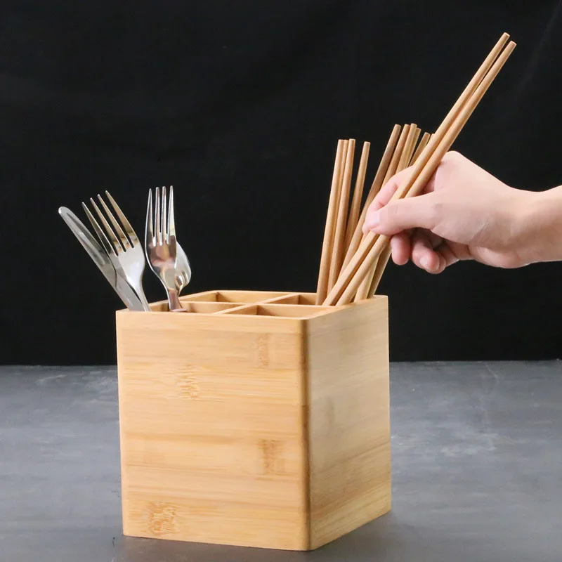 4 Grid Detachable Bamboo Wood Chopsticks Drain Desktop Spoon Fork Knife Storage Holder Kitchen Organizer Racks for Tableware