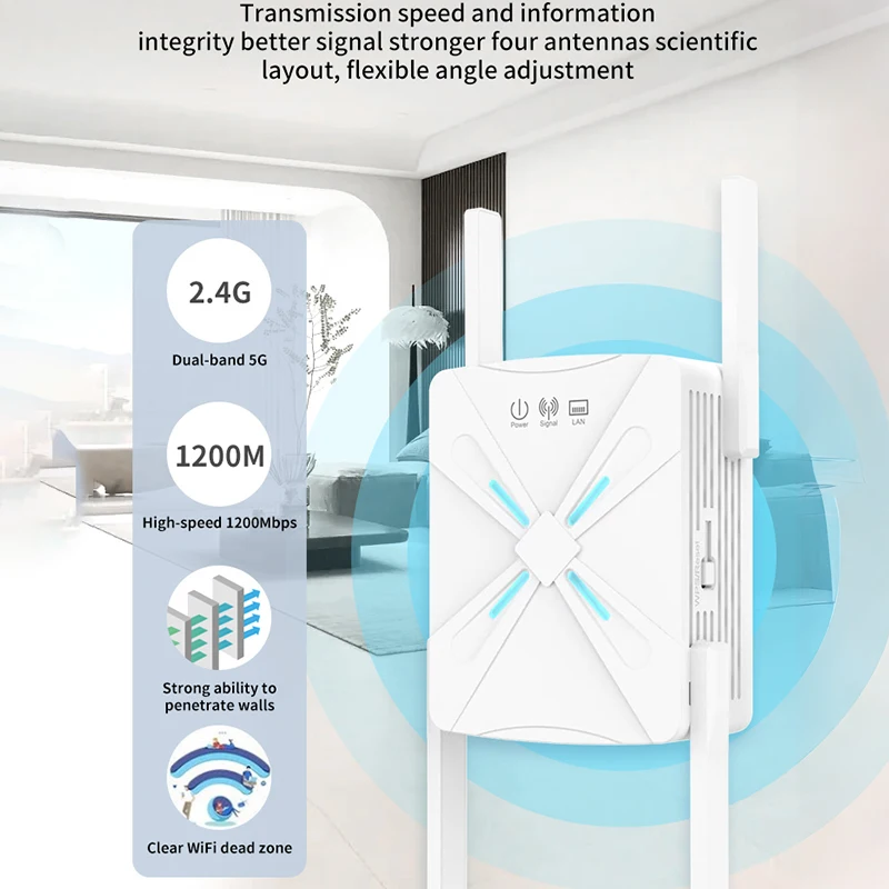 1200 Mbps WiFi Repeater 1200Mbps Router White WiFi Extender Amplifier 2.4G/5GHz Wi-Fi Signal Booster Long Range Network