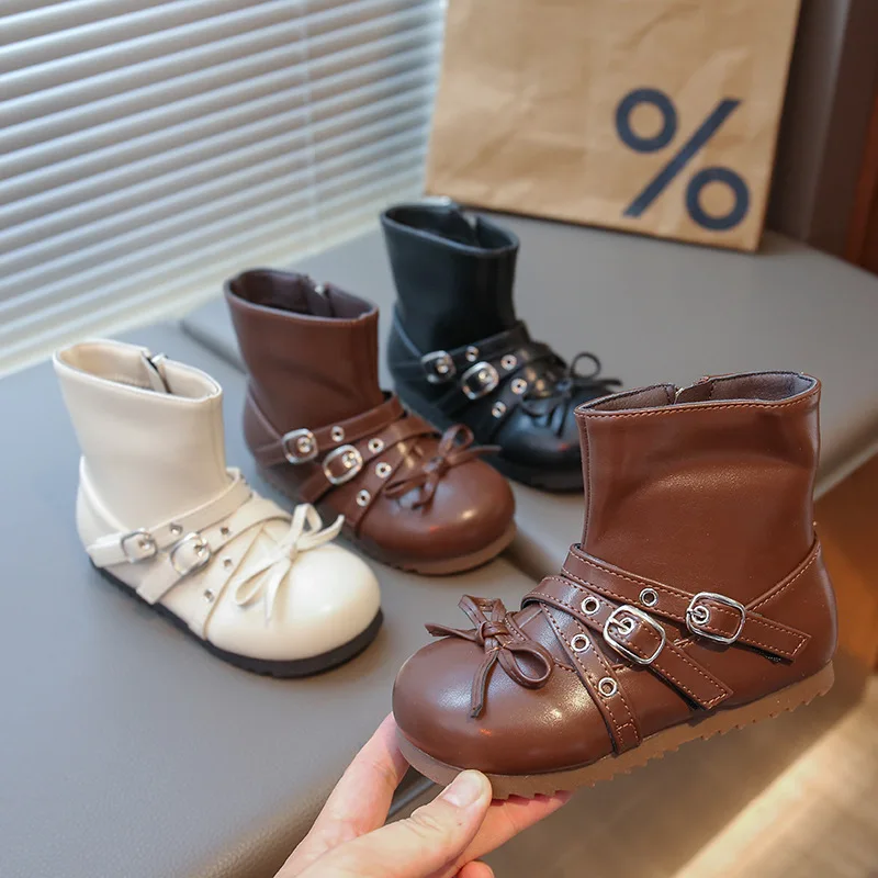 

Children's Fashion Black Buckle Decor Ankle Boots Bowknot Side Zip Autumn Comfortable Short Boot for Girls Kids Shoes for Girl