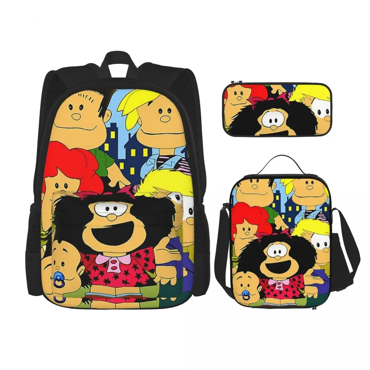 Mafalda Anime Plaid Backpacks Boys Girls Bookbag Students School Bags Cartoon Kids Rucksack Lunch Bag Pen Bag Three-Piece Set