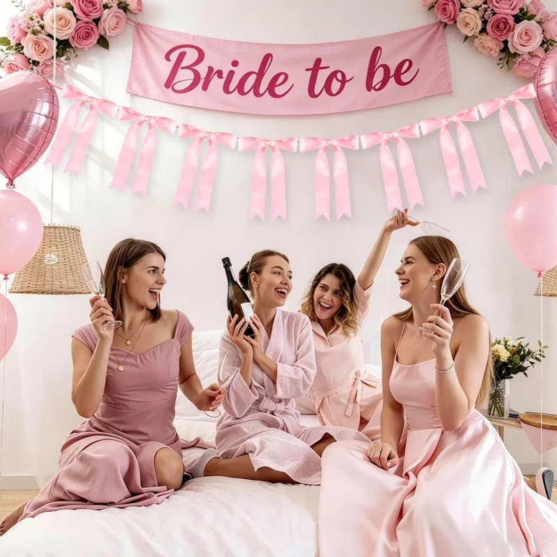 1 Set Rosa Schleifenband Hängende Girlande für Kindergeburtstag Hochzeit Babyparty Dekoration Weihnachten Satinband Heimdekoration – Detail 2