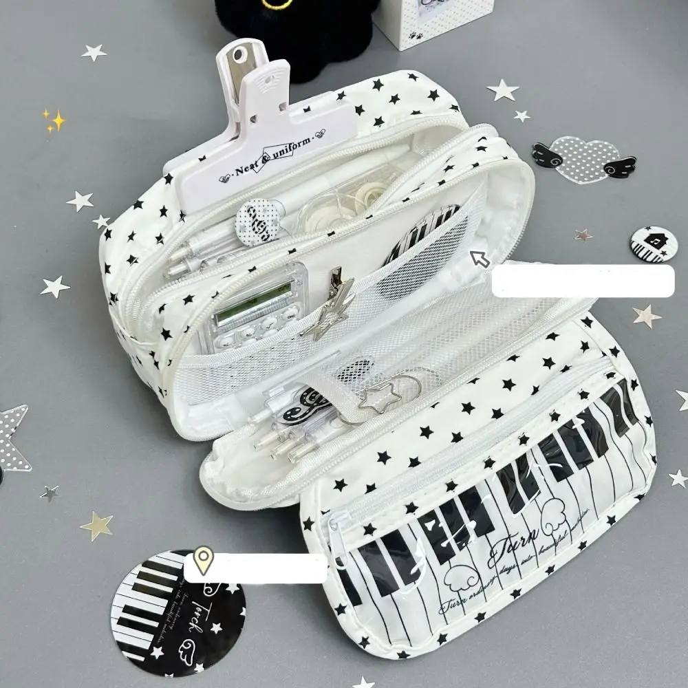 Large Capacity Piano Keyboard Pencil Case Printed Cute Makeup Bag Creative with Transparent Window Star Pencil Storage Bag