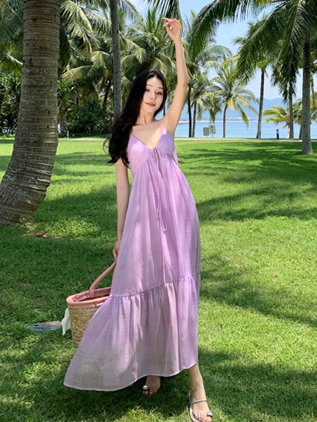 Vaion 슬레 오프숄더 타이다이 퍼플 플리치 스커트 여성 여름 해변 촬영 드레스 울트라 페어리 A라인 가운