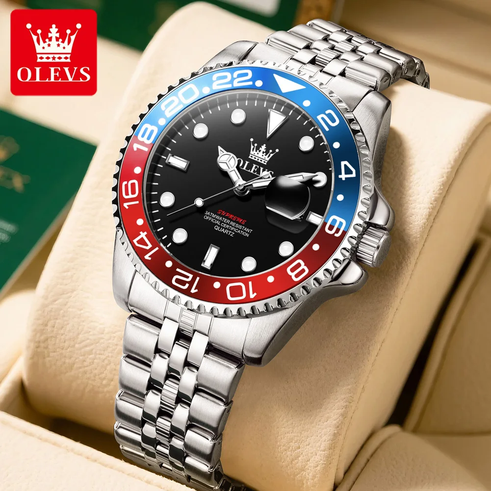 OLEVS Luxury Stainless Steel Quartz Watch Classic Blue Red Circle Series Magnifying Glass Calendar Mens Watches Reloj Hombre