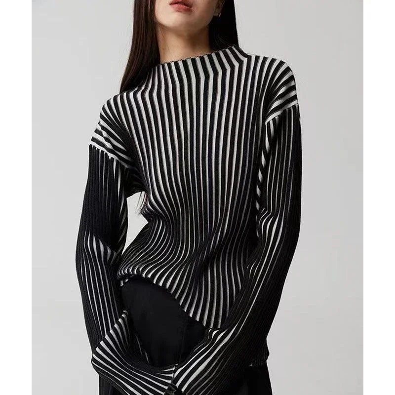 

Women High Street Casual Slim Long Sleeve Pullovers Elegant Comfortable Tops Autumn Winter New Contrast Color Striped Sweater
