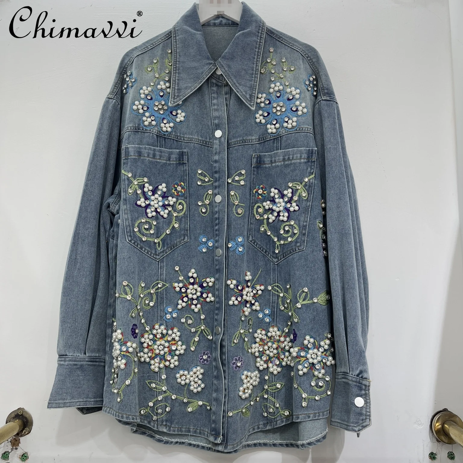

American Retro Heavy Embellished Fashion Washed Denim Shirt Jacket Women Spring and Autumn New Casual Long Sleeve Slim Top