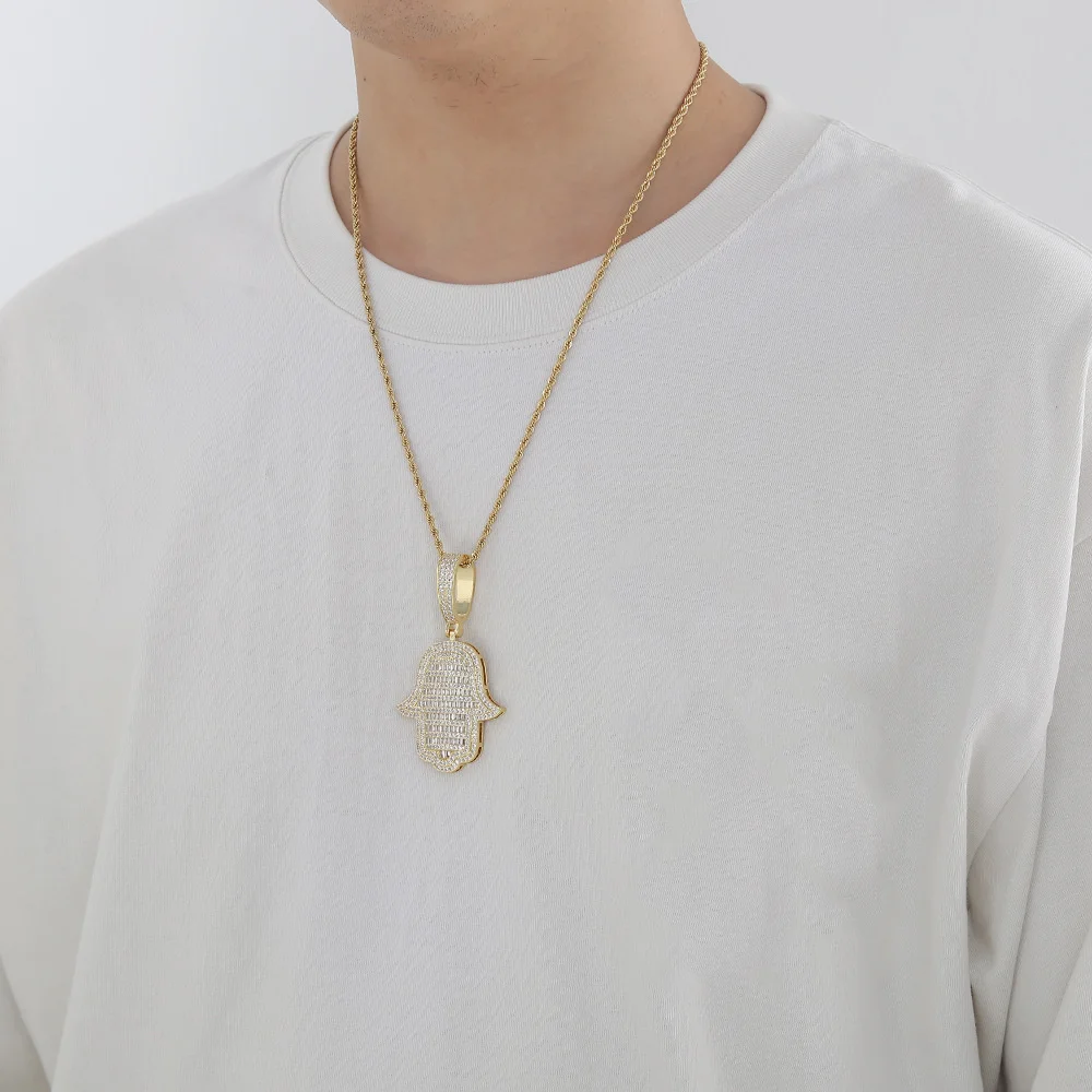 

Хип-хоп унисекс счастливое ожерелье большой кулон на руку Фатимы полный циркон аксессуар