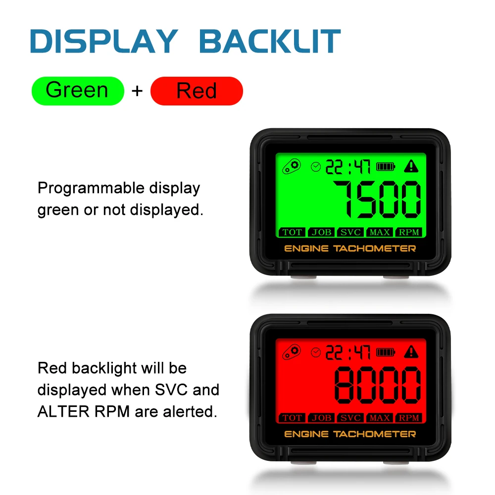 2 IN 1 Inductive Tachometer Hour Meters with Clock Display Alert RPM Engine Gauge Backlight Waterproof for Motorcycle ATV