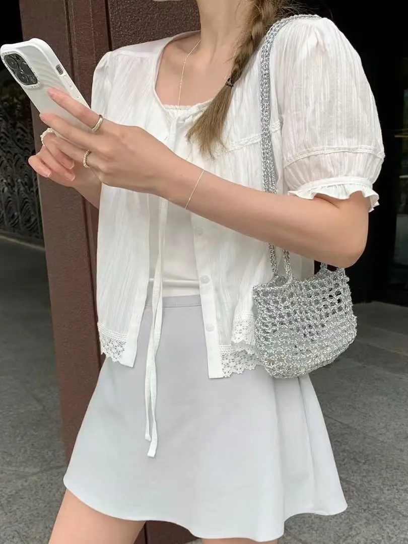 

Dongda Gate Women's Fashion Summer New Style Single Button Shirt Short Sleeve round Neck Casual Loose Fit Polyester Fiber