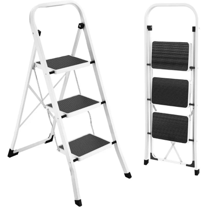 Step Ladder, 3-Step Ladder, Folding Ladder, Safety Lock, Space-Saving Storage, 150 kg, Dove Grey/Simiply White