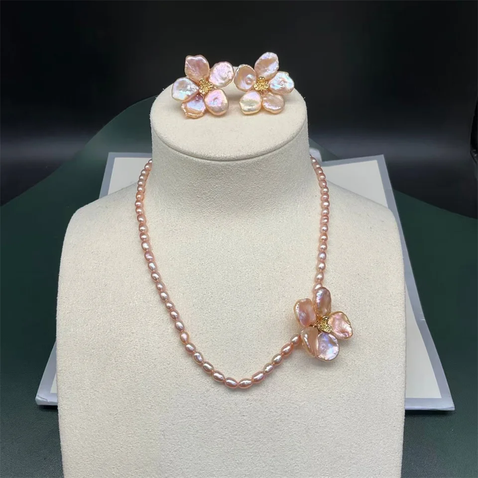 

Freshwater Cultured Pink Rice Pearl Choker Necklace Earings Jewelry Set Handmade Keshi Pearl Flower Pendant Necklaces Jewelry