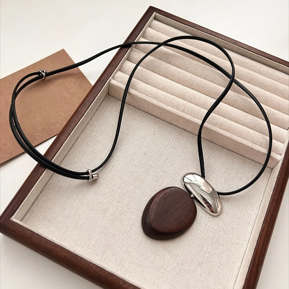 Natürliche Holz Metall Pullover Kette Spleißen Einstellbare Halsketten Frauen Licht Luxus High-end-Lange Halskette Mode Schmuck – Detail 2