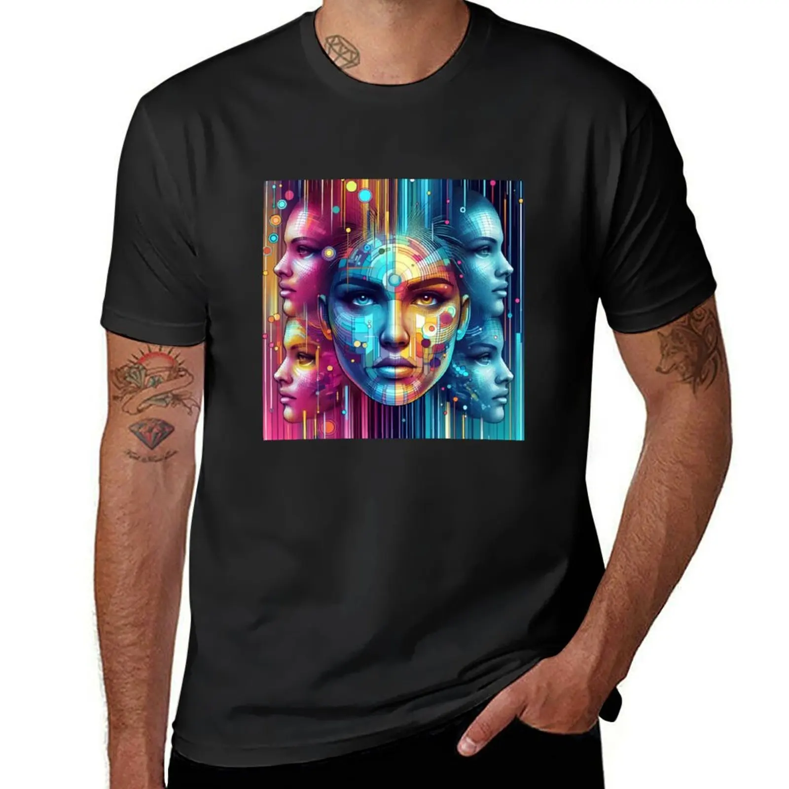 Cybernetic Chroma: Woman's Face in Blue, Red, Purple, Yellow T-Shirt plus sizes kawaii clothes oversized Men's clothing