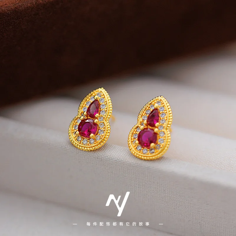 9999 gold New Chinese-style design charm women's hoop earrings with delicate luxury and high-end feel,