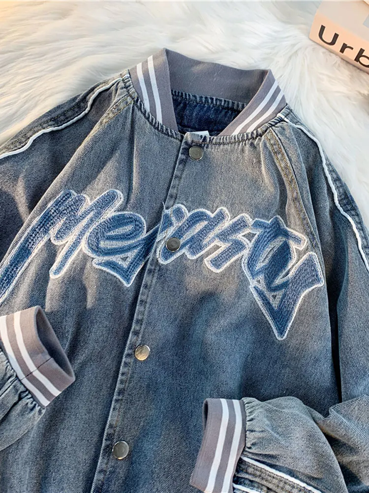 

Мужская джинсовая куртка с вышивкой и бейсбольным воротником, весна-осень, винтажный уличный стиль, повседневная, с длинными рукавами, свободного кроя, верхняя одежда