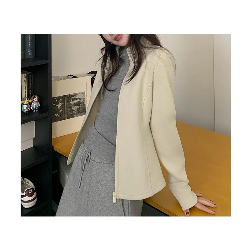 Giacca casual da donna autunno e inverno nuova giacca sportiva cardigan a vita corta con colletto rialzato e aderente