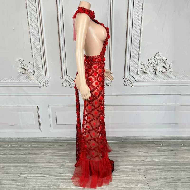 Red Seguined Party Dress Women Sexy Cutout Evening Dresses Stage Catwalk Outfit Bar Celebrate Gogo Costume Rave Wear XS9587