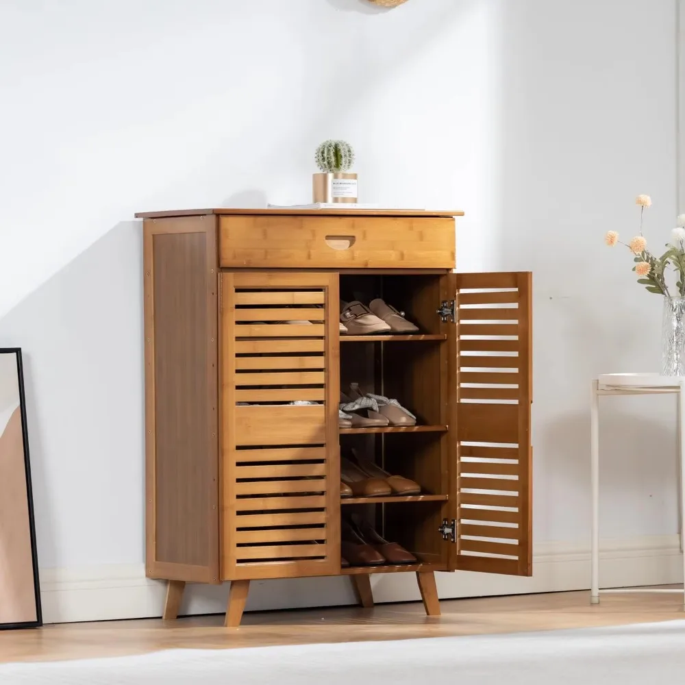 

Freestanding Shoe Cabinet 2 Doors 4 Tier Shelves Ample Storage for Bedroom Mudroom Entryway