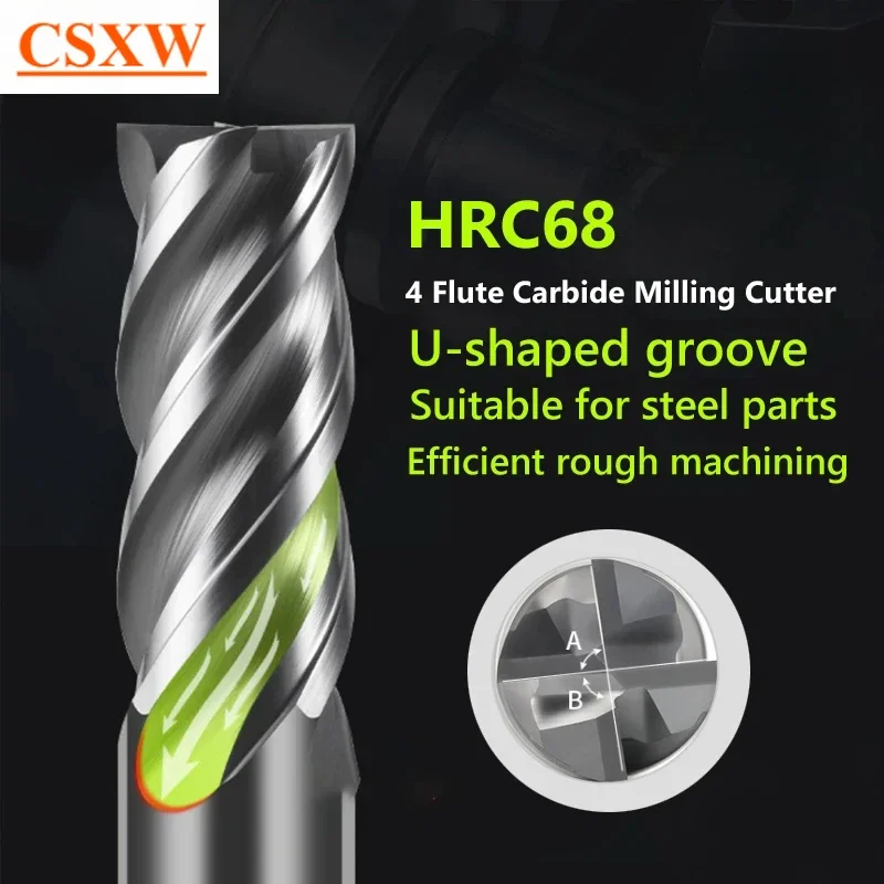 CNC Carbide End Mill HRC68 Unequal Helix Tungsten U-groove Cutter 4 Flute Metal Steel Machining Tool Router Bit Milling Cutter