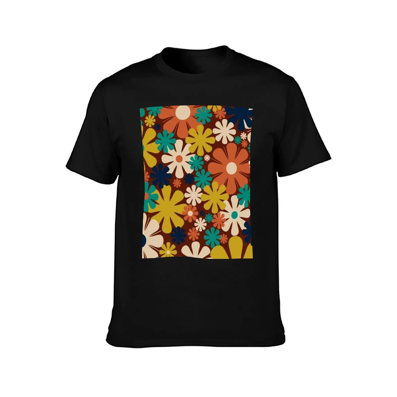 Retro 60s 70s Aesthetic Floral Pattern in Midcentury Rust Orange Mustard Teal Blue Beige T-Shirt mens graphic t shirts T-Shirt
