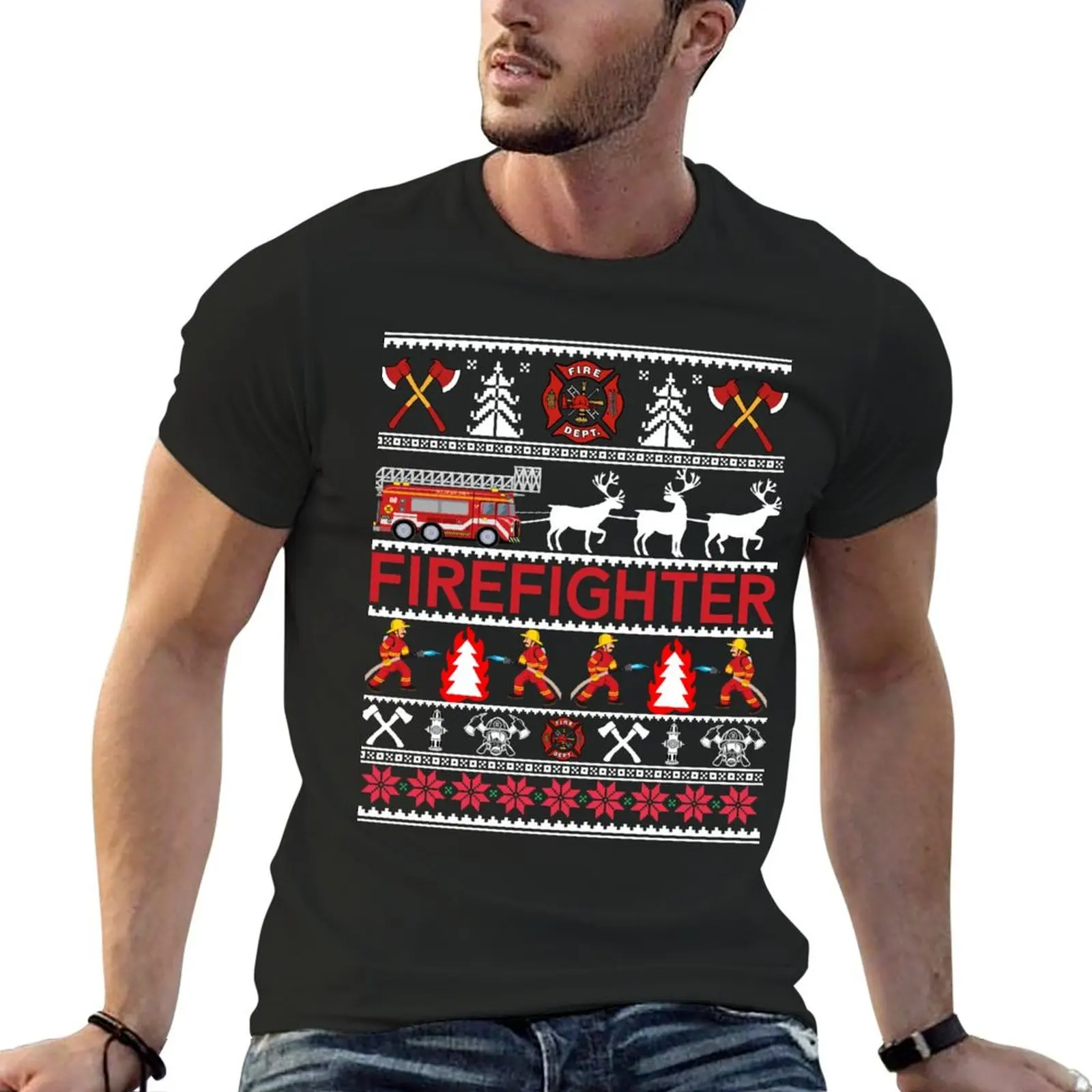 Firefighter Ugly Christmas Sweater Tee Shirt Gifts T-Shirt Aesthetic clothing tops mens graphic t-shirts