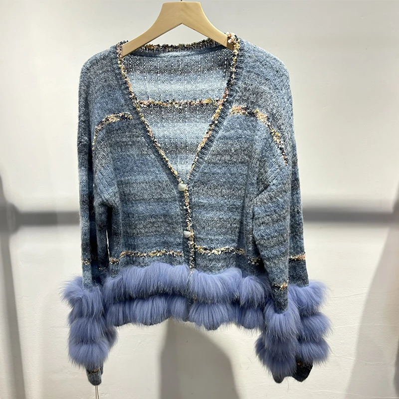 

Осень 2021, женский градиент, красочное украшение из лисьего меха, тонкий вязаный свитер, куртка, одежда