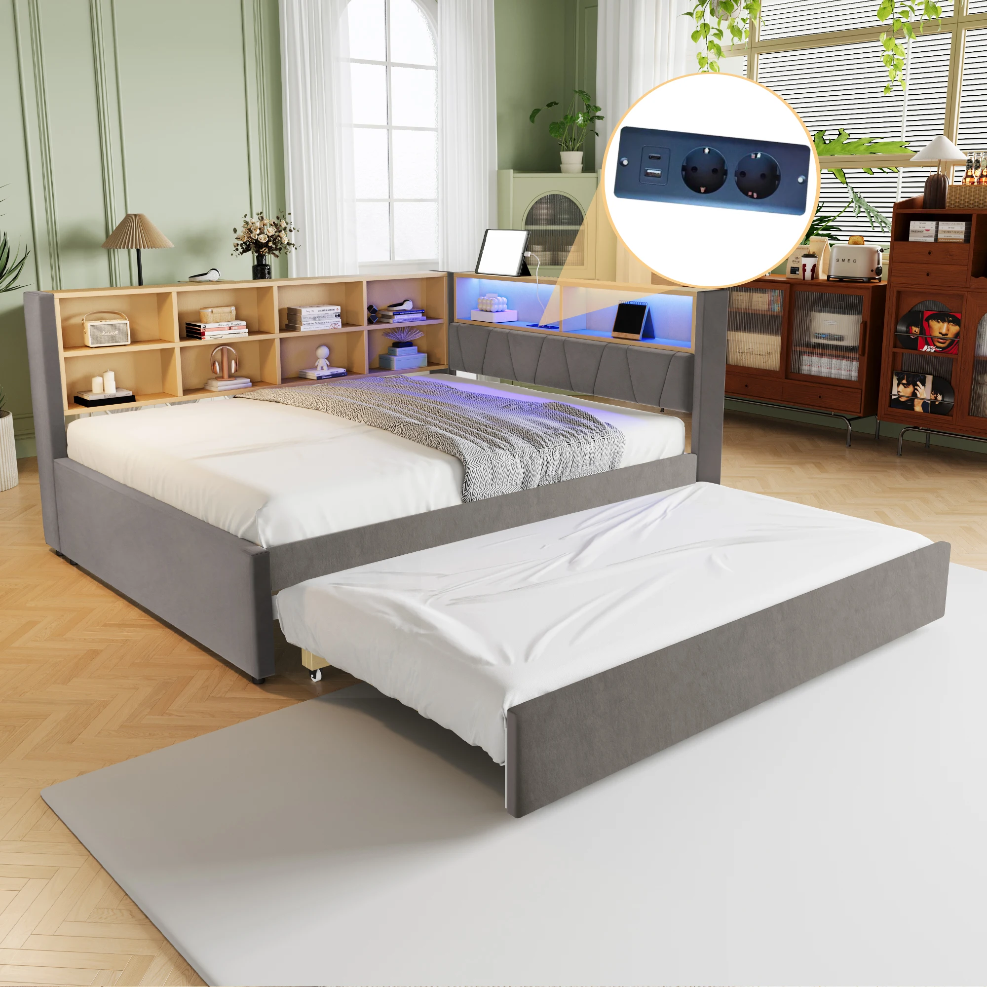 Lit banquette 3 places avec gigogne, LED, USB, Type-C et rangements, 140 × 200 cm et 90 × 190 cm, sans matelas
