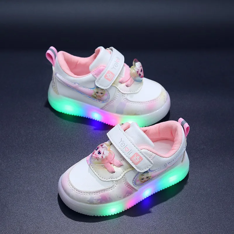 Boutique Fashion Girl\'s Casual Sneaker Elsa Princess Cute Children\'s Led Lighted Shoes Spring And Autumn Baby Girl Board Shoes