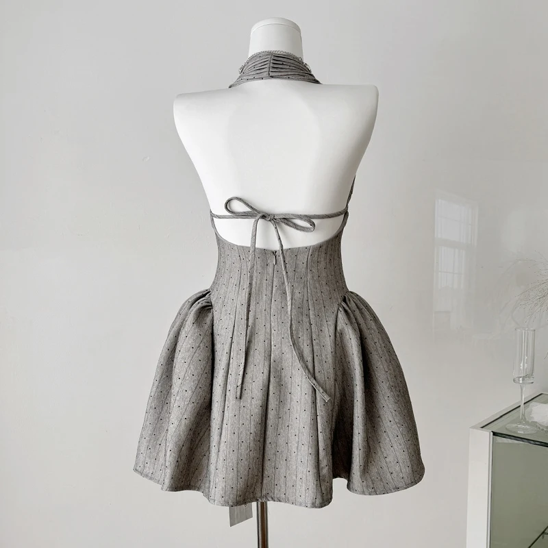 다이아몬드 폴카 도트 드레스 여성 매운 소녀 푹신한 드레스 컷 아웃 홀터 미니 드레스 패션 우아한 저녁 파티 짧은 드레스