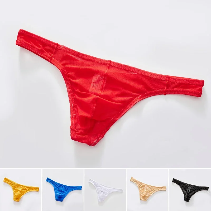 Men\'s Sexy Low Rise Transparent Stretch Thong Comfortable Breathable Elastic Waist Solid Color Bikini Briefs