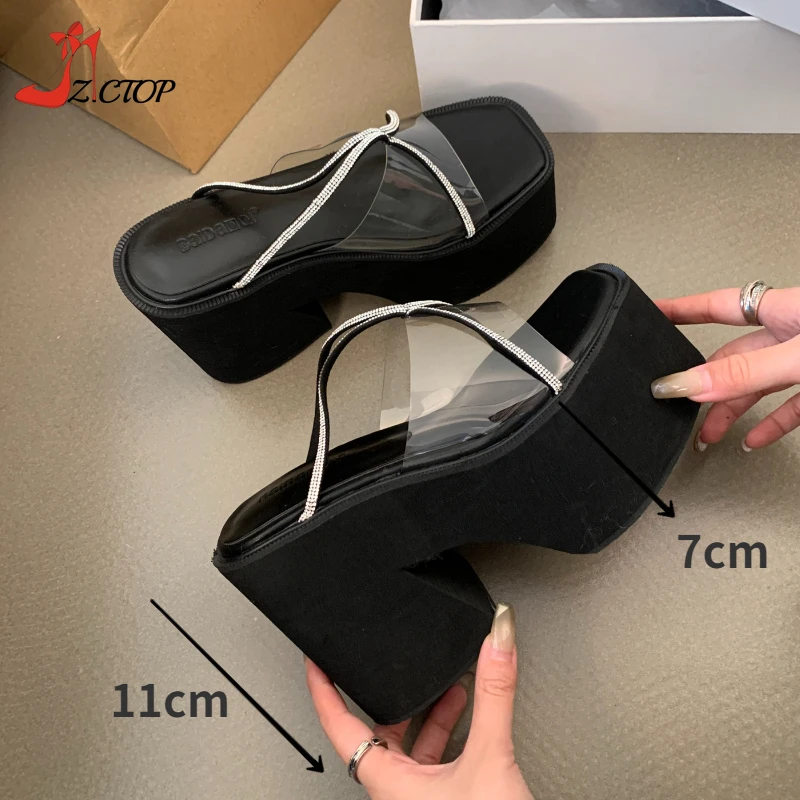 Women Platform Sandals Black High Heels Open Toe Transparent Rhinestone Chunky Heeled Mules Slip On Summer Slippers Woman Shoes