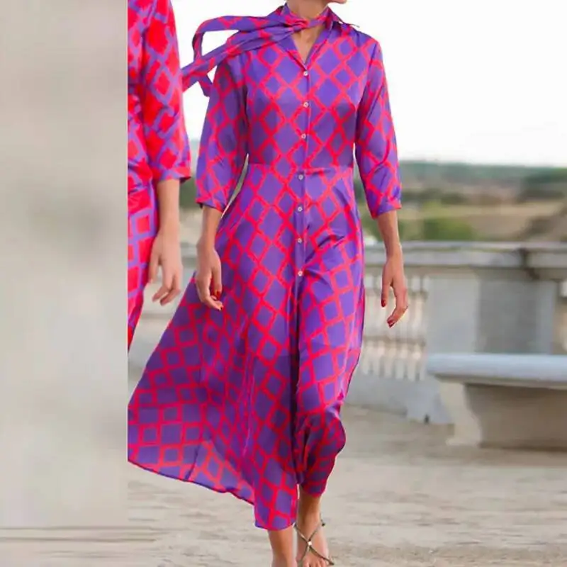 Estate nuova stampa floreale scollo a V strada Boho moda mezza manica allentata bottone abito da festa donna elegante abiti con volant a fessura