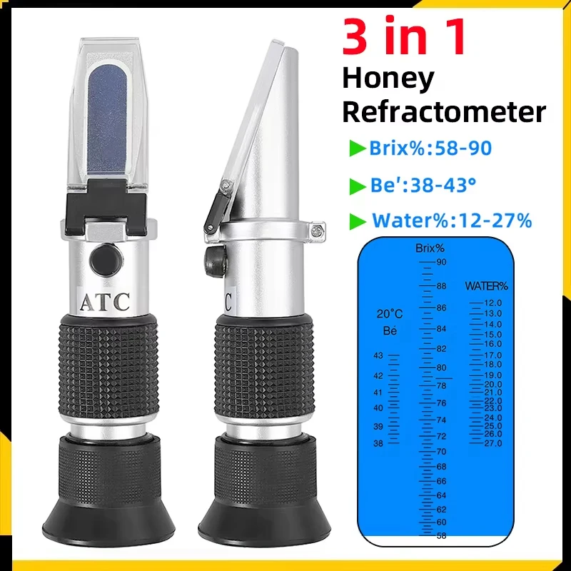 3 in 1 Handheld Honey Refractometer 58-90% Brix Sugar Concentration Meter 38-43% Baume Degrees 12-27% Water Contents Test