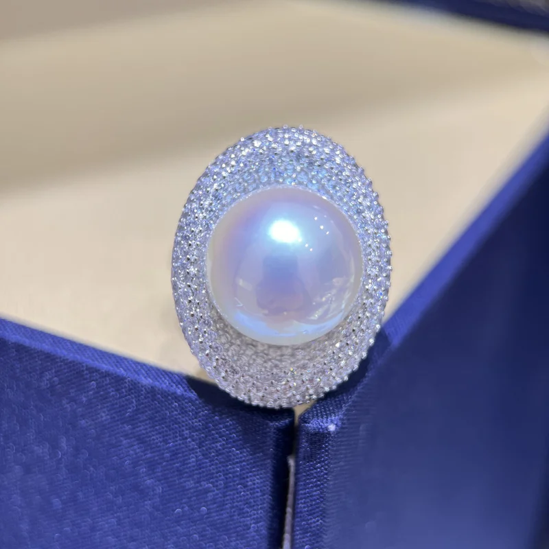 

New Giant Pearl Ring AAAAA 13-14mm Natural South Sea Round Pearl Open Ring 925s