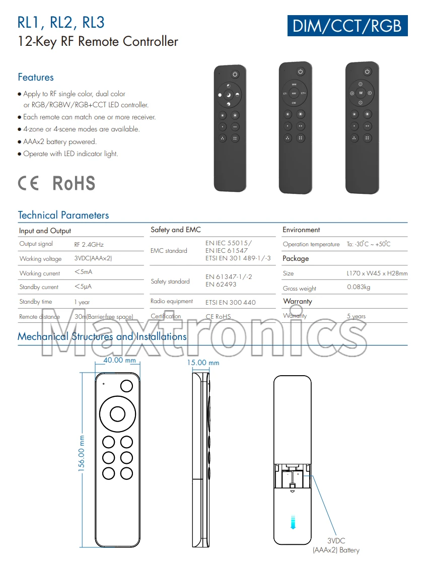 NEW 2026 RL1/ RL2/ RL3 1 Zone/4Zone RF Dimming Remote Controller for Single Color/CCT/RGB/RGBW or RGB+CCT LED Strip Lights/Lamp
