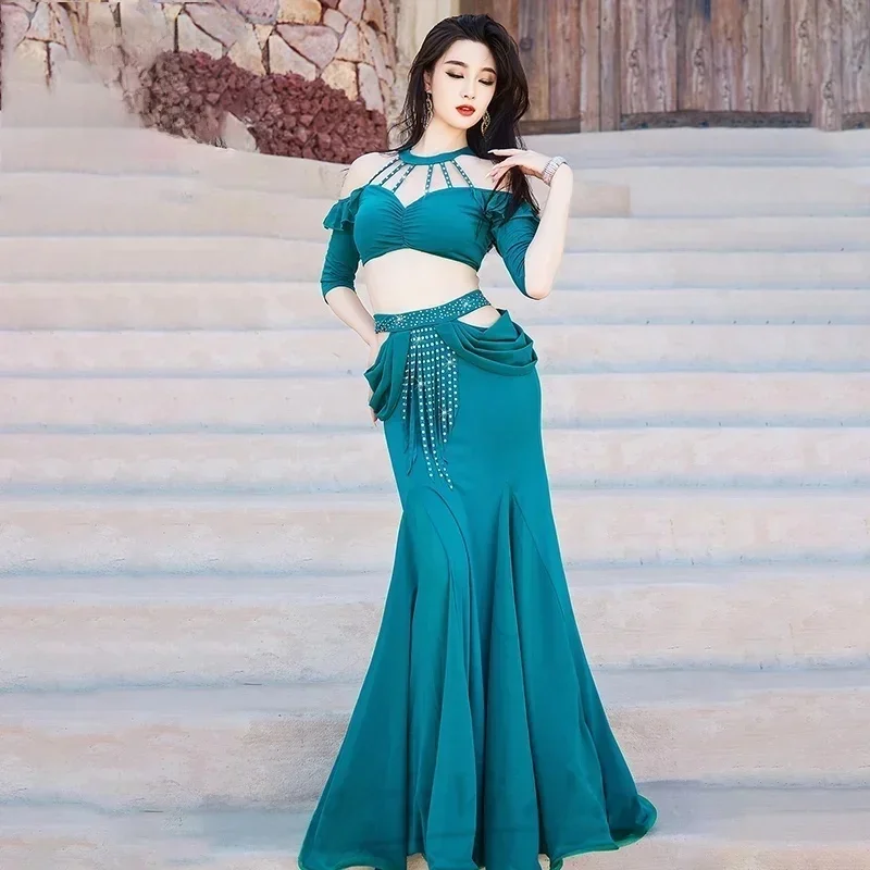 Trajes de dança do ventre para mulheres sexy com decote em v + saia rabo de peixe com borla 2 peças roupas de prática de dançarina do ventre roupas de dança adultas