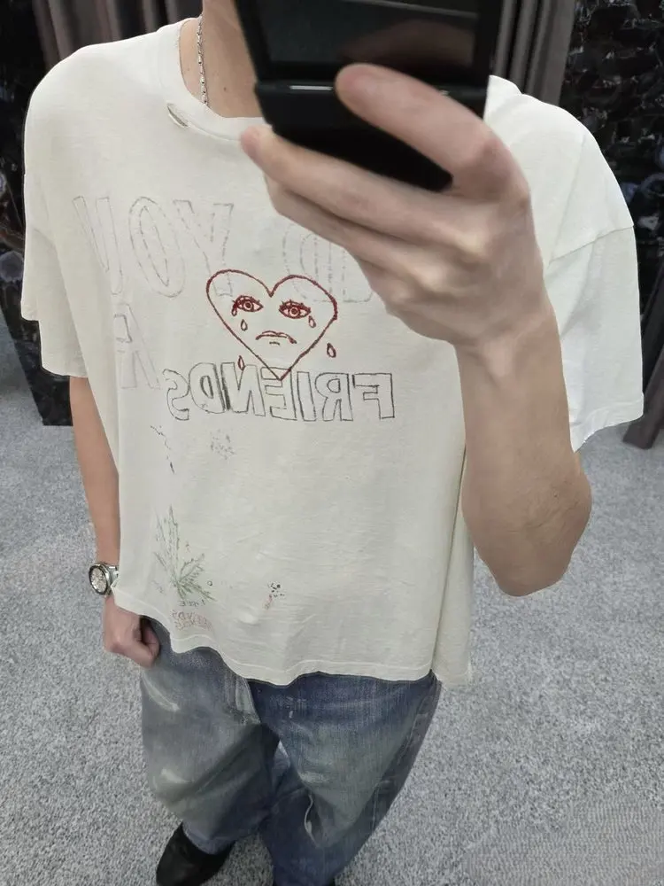 Paly Hollywood friends hand-painted love print summer American high street crew neck short-sleeved T-shirt vibe