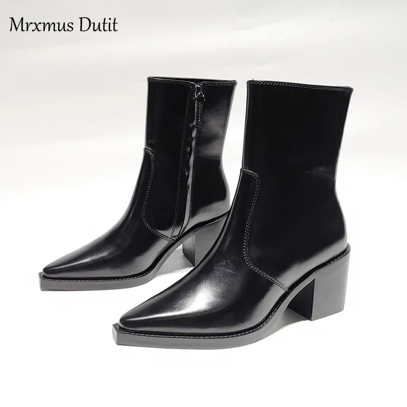 Mrxmus Dutit 2024 Women New Autumn Winter Genuine Leather Rough Heel Pointed Head Boots Shoes Simple Fashion Shoes Female Chic