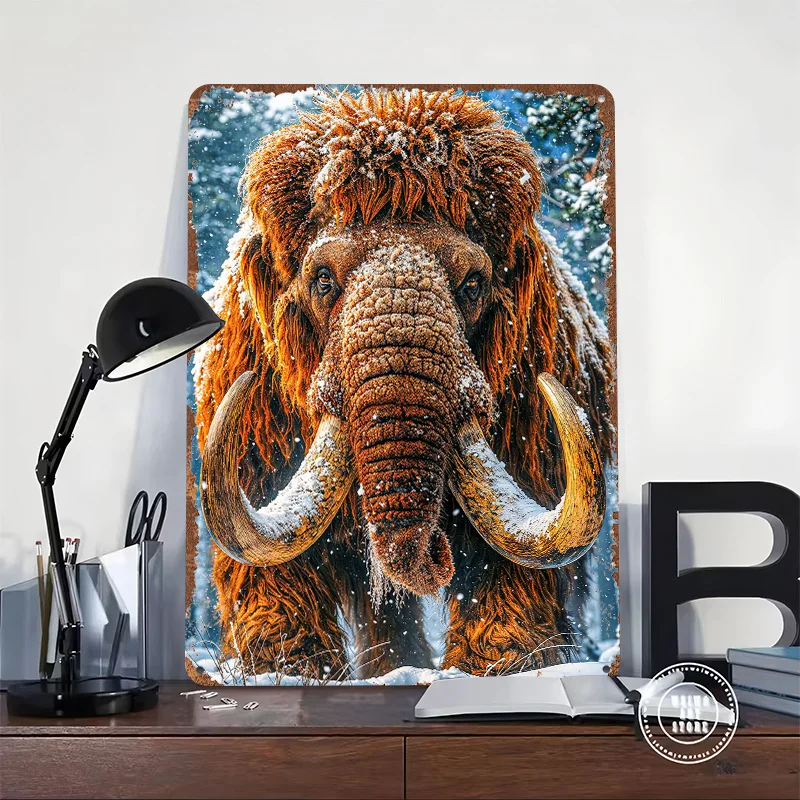 Woolly Mammoth in Snowy Forest 3D Printed Texture Poster Personalized Wall Art Retro Metal Tin Signs for Vintage Interior Decor