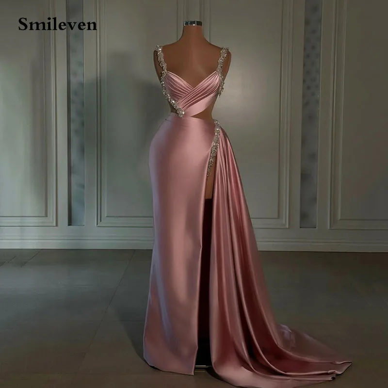 

Smileven Rose Pink Formal Evening Dress Beads Spaghetti Straps Prom Dresses robe de soirée Sexy SideSplit Party Gowns Customized