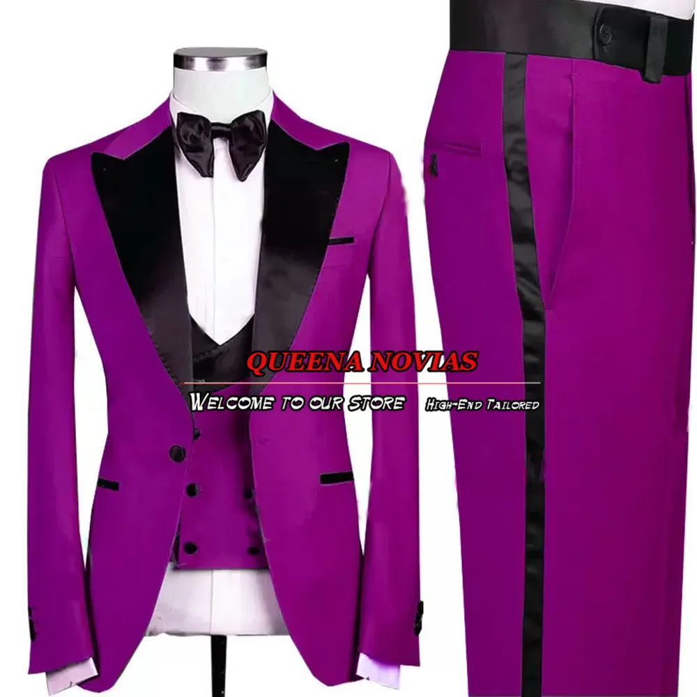 Banquet Suits Men Green Smart Casual Black Peaked Laple Blazer Sets 3 Piece Male Mariage Fashion Wedding Tuxedo Tailored Made