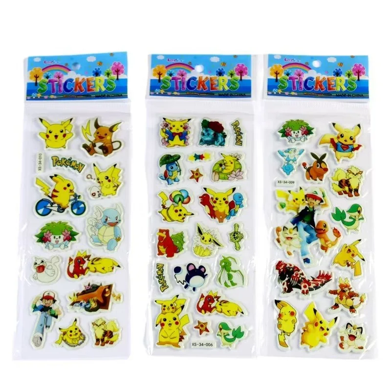 12Sheets Cute Anime Poket elf Stickers Kawaii 3D Pikachu Decals Kids Cartoon Bubble Paste Thicken The Reward Sticker Gifts