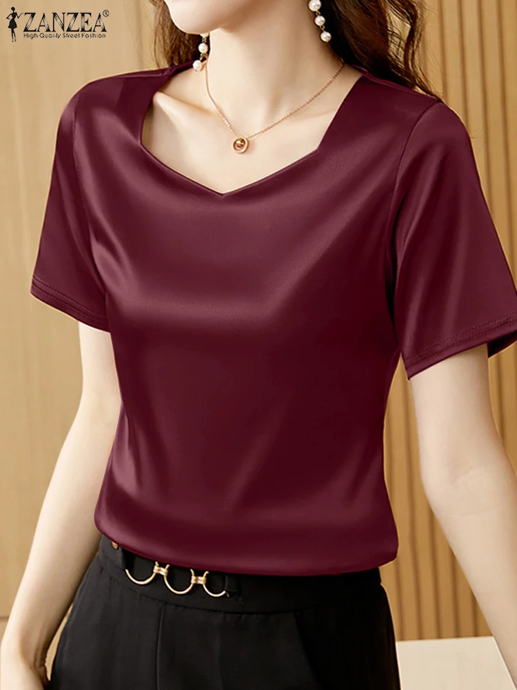 ZANZEA Women Summer Blouse Elegant Short Sleeve Satin Tops 2024 Fashion Solid OL Work Shirt Casual Office Lady Blusas Chemise