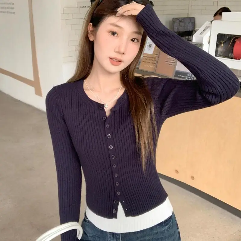 

Casual Knitted Cardigan Sweater Single Button Navy Blue Top Women's Slim Fit Round Neck Long Sleeved Autumn Winter Warm Knitwear