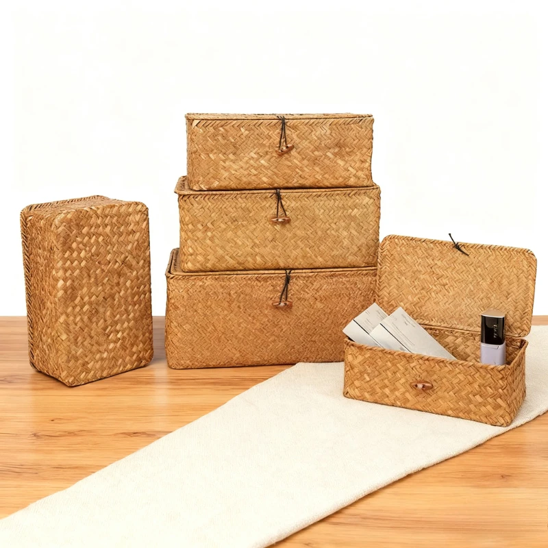 En stock, cestas de almacenamiento tejidas a mano con tapa, cesta para ropa antipolvo, caja de almacenamiento, contenedor de armario Rectangular, organizador de artículos diversos