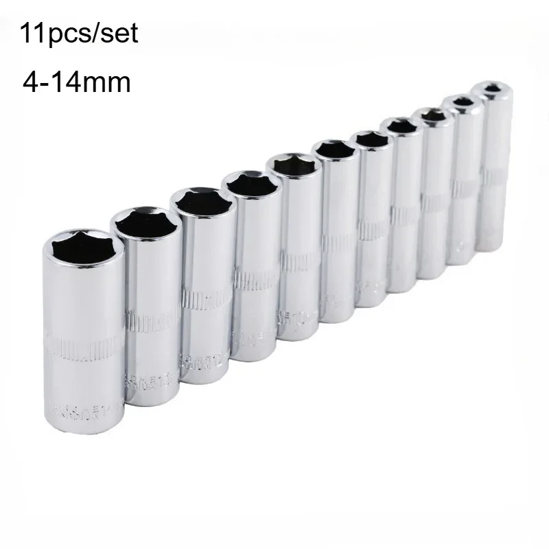 For 1/4-Inch Drive 6-Point Deep Socket 11pcs 4 Mm To 14 Mm Professional Grade Metric Long Chrome Socket Set