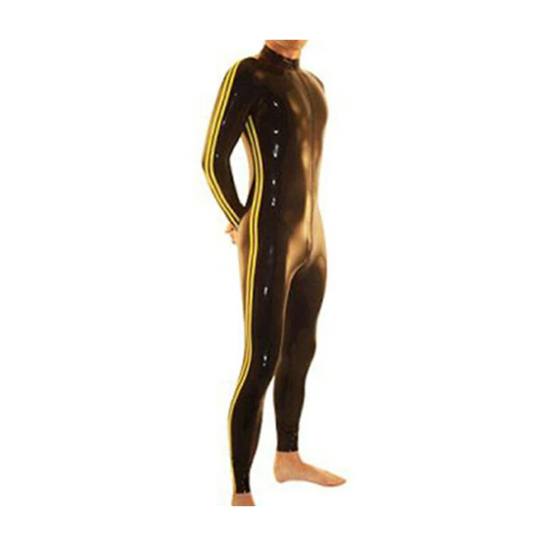 Handmade Latex Bodysuit Fetish Rubber Catsuit Black with Yellow Custom Made Tight Jumpsuit for Men Club Wear