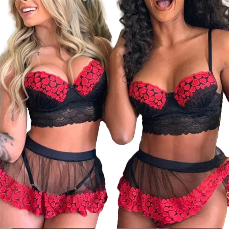 3Pcs Sexy Women Exotic Set Lingerie Underwear Sleepwear G-string Nightwear Babydoll Sling V Neck Top Lace See Through Mini Skirt