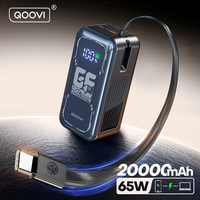 QOOVI 20000mah Power Bank PD 65W Fast Charging Built-in Cable External Large Battery Portable Charger For iPhone Samsung Xiaomi