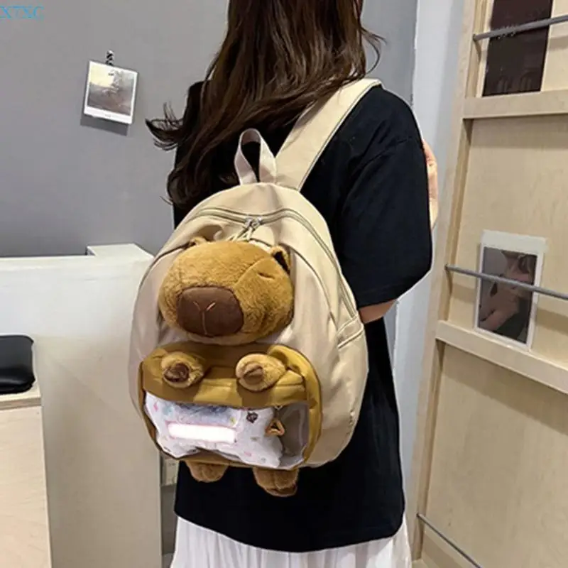 

X7XC Plush Capybaras Backpack Fashion Large Capacity Colorblock Shoulder Bag